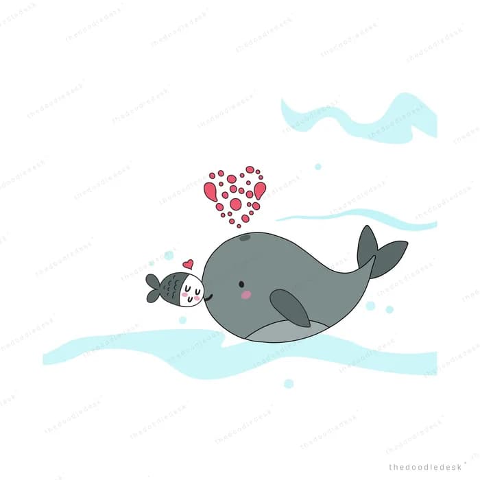 Seal swimming beneath a trail of hearts with a fish