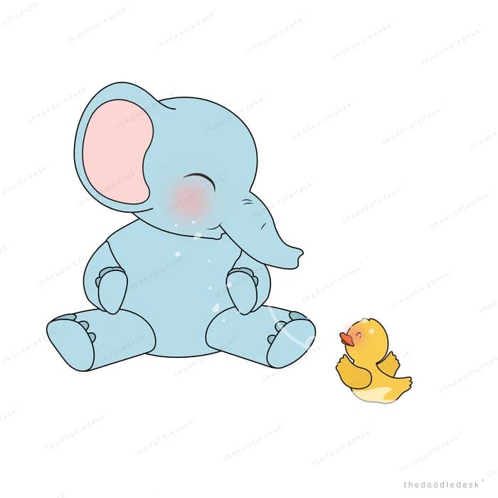 Baby elephant sitting beside a small duckling