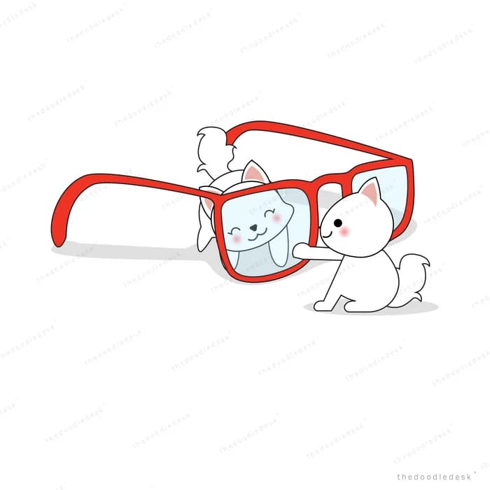 Cat and dog framed inside oversized red glasses