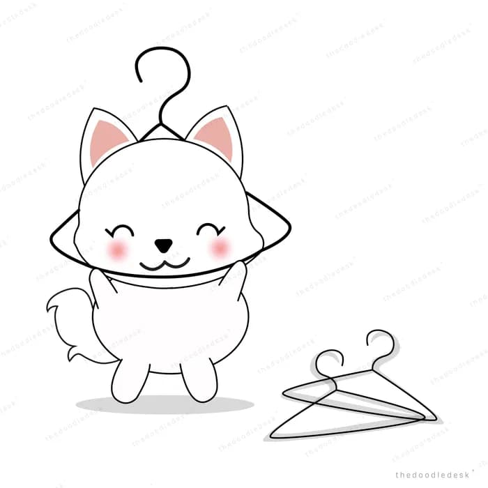 White cat sitting beside empty clothes hangers