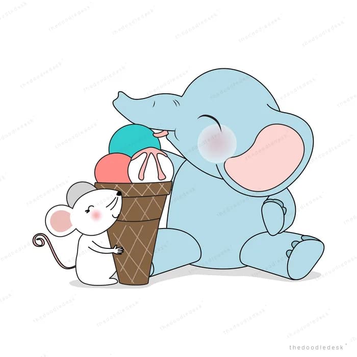 Elephant and mouse sharing a large ice cream cone