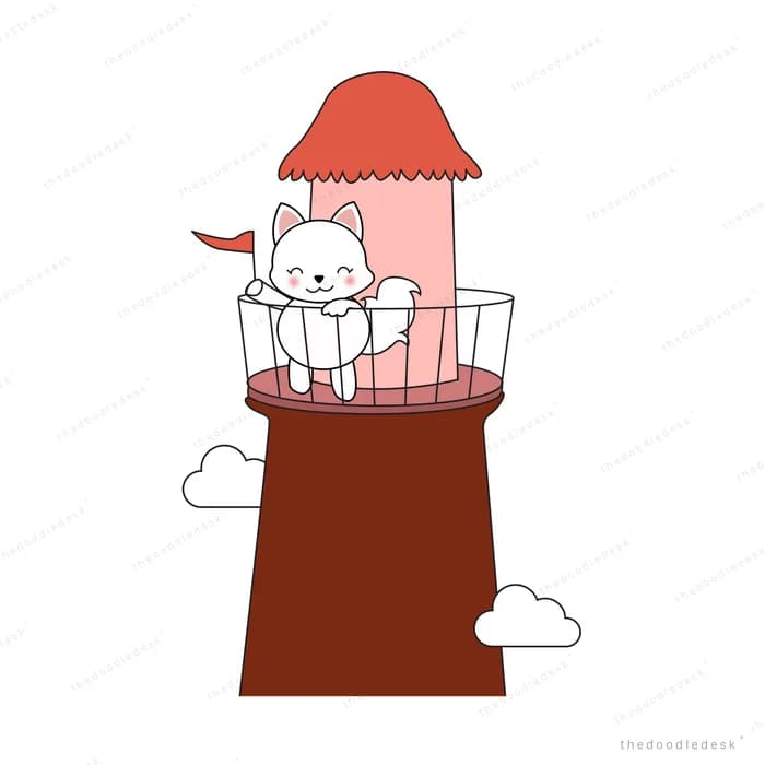 Rabbit in a lighthouse-shaped tower above clouds