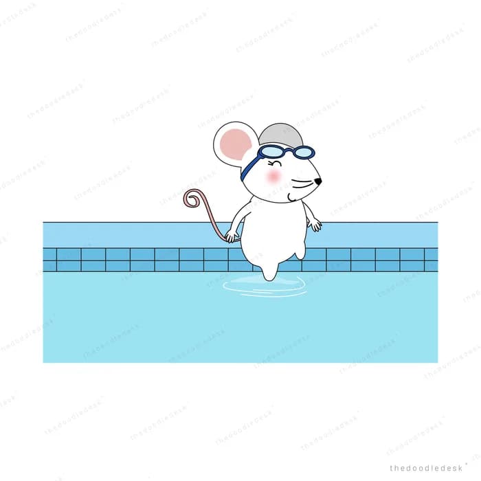 Mouse in goggles swimming in a blue pool