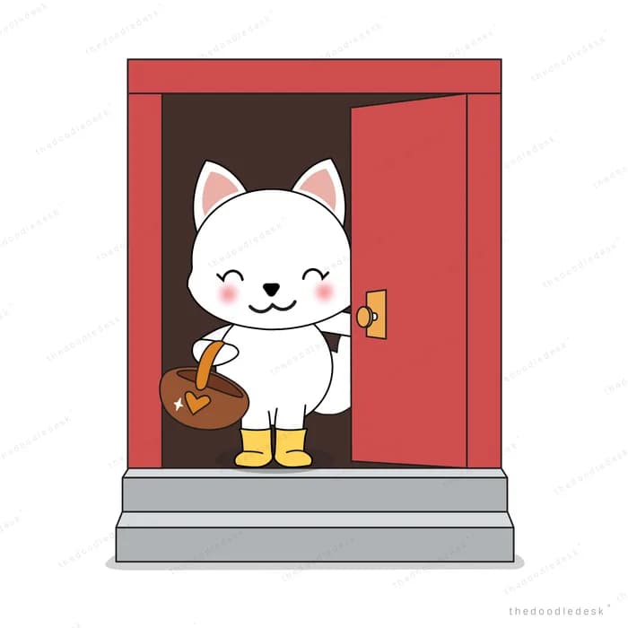 Cat with a basket standing in a red doorway
