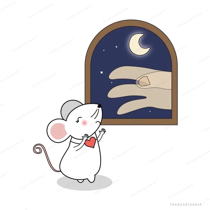 Mouse beside an arched window showing a night sky