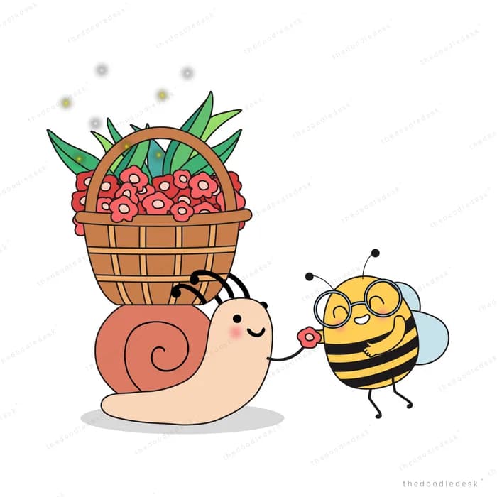 Snail carrying a basket of berries with a bee