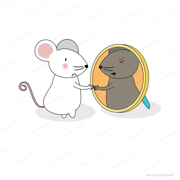Mouse looking at its reflection in a hand mirror