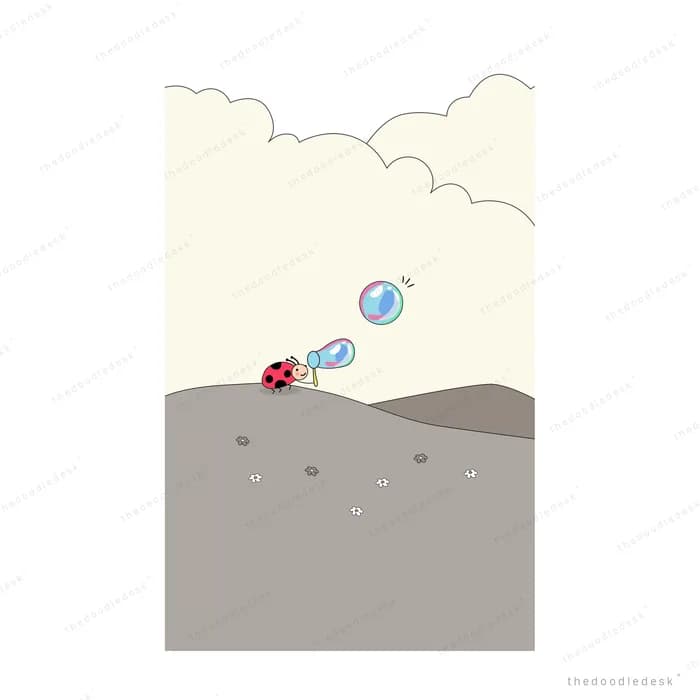 Ladybug blowing a bubble on a grey slope