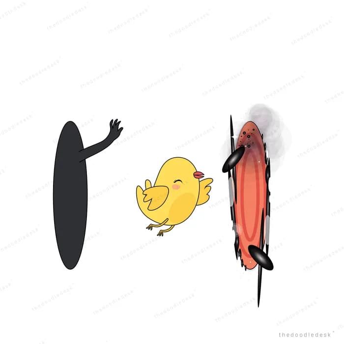 Chick between a dark shape and a red feather form