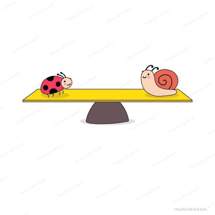 Snail and ladybug balancing on a yellow seesaw