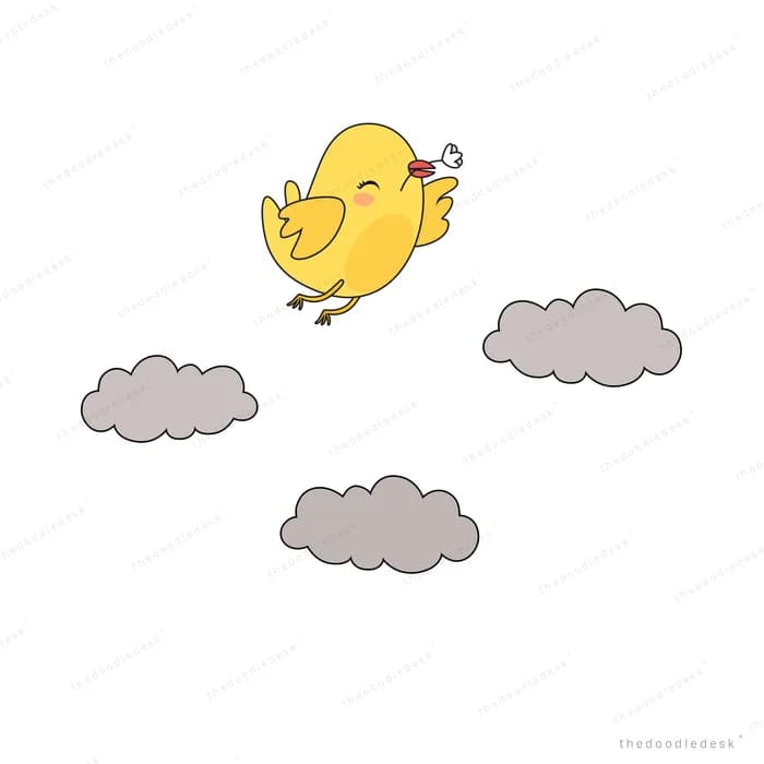 Chick flying above grey rain clouds