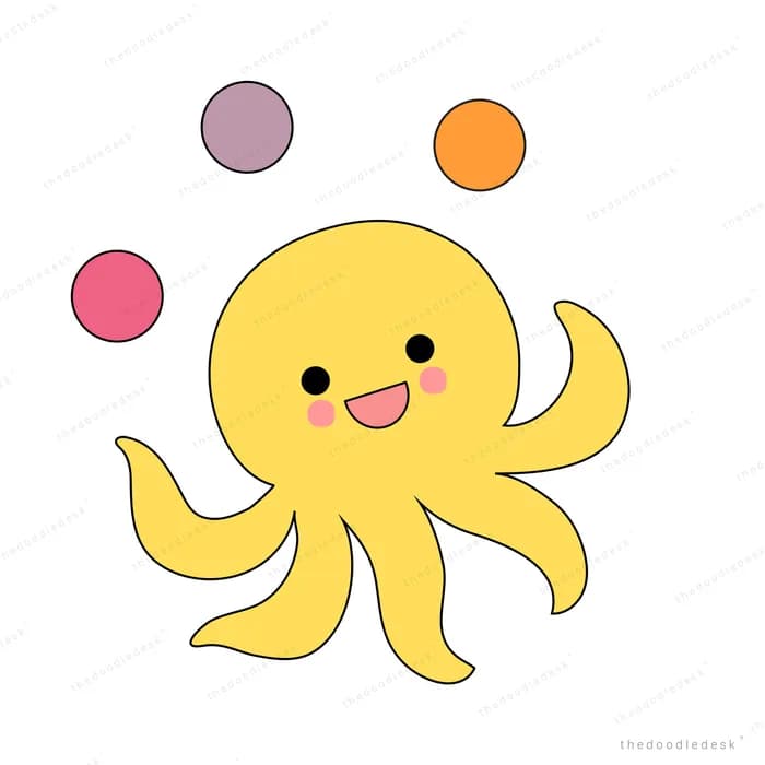 Yellow octopus juggling coloured balls