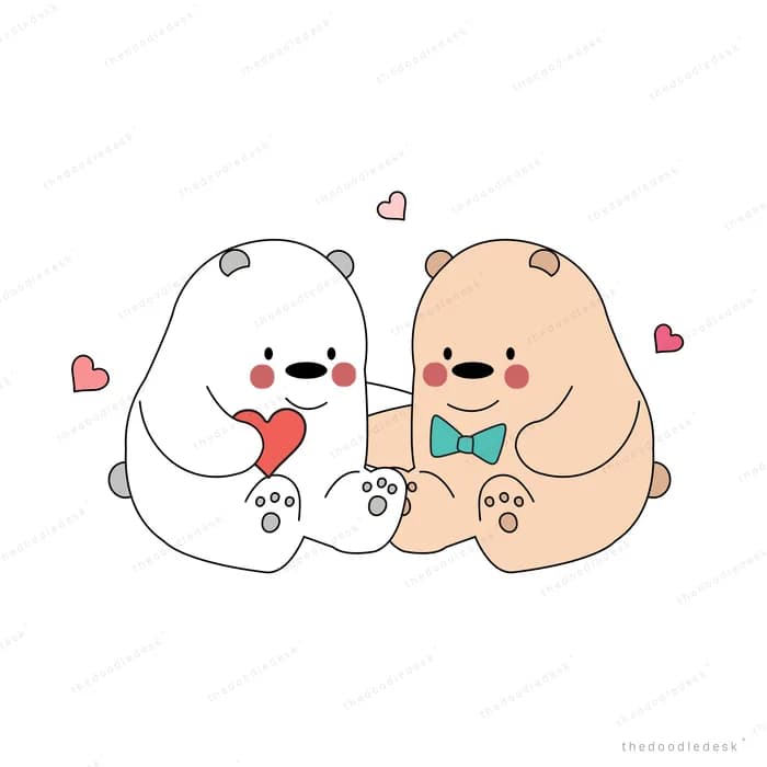 Two bears sitting together sharing a heart