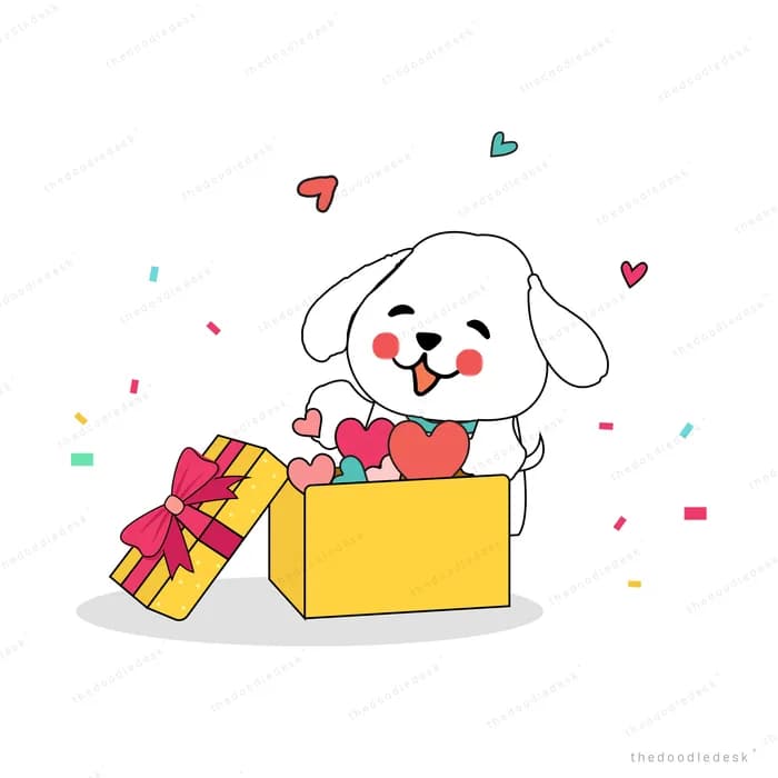 Dog in a gift box surrounded by presents