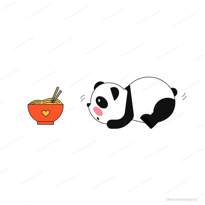 Panda lying flat beside a bowl of food