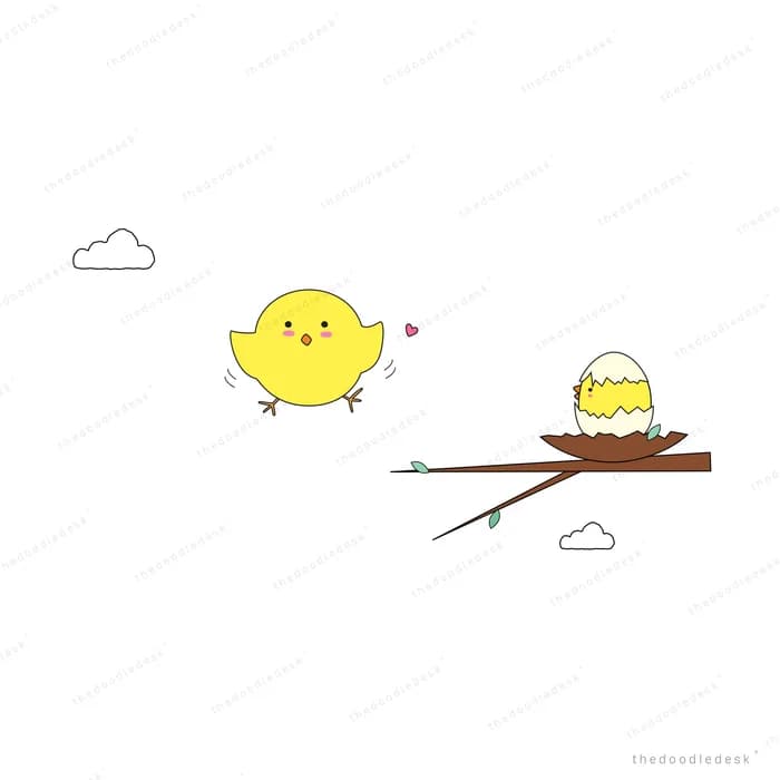 Chick flying toward a nest on a branch