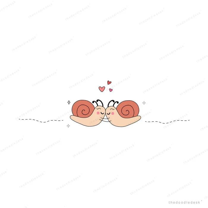 Two snails meeting nose to nose with hearts
