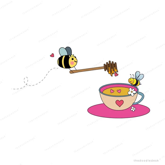 Bees with a honey dipper over a pink teacup