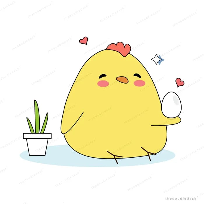 Chick standing beside a small potted plant