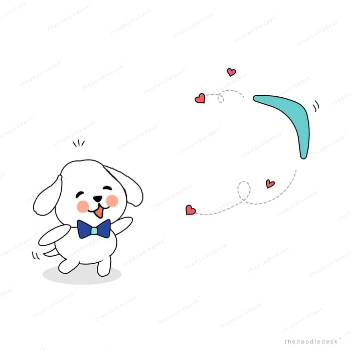 Dog watching a swirl of hearts and a moon shape