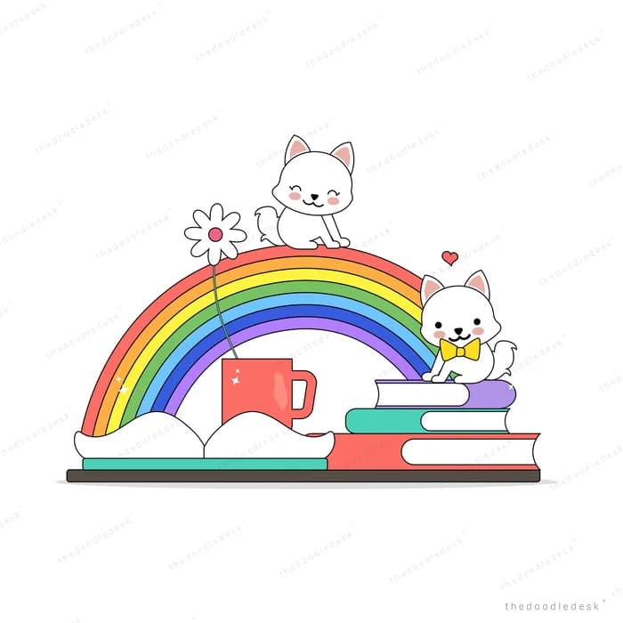 Cat and rabbit on a rainbow above a stack of books
