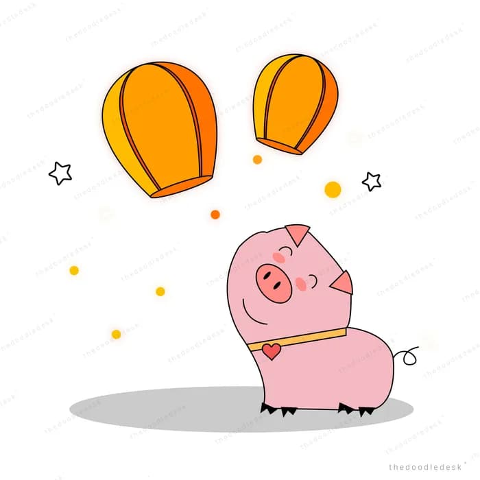 Pig standing under two large falling leaves with sparkles