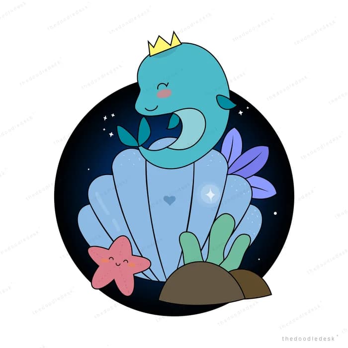 Crowned sea creature in a dark underwater orb