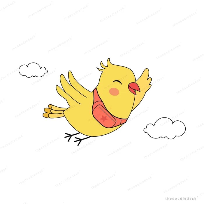 Yellow bird flying between small clouds