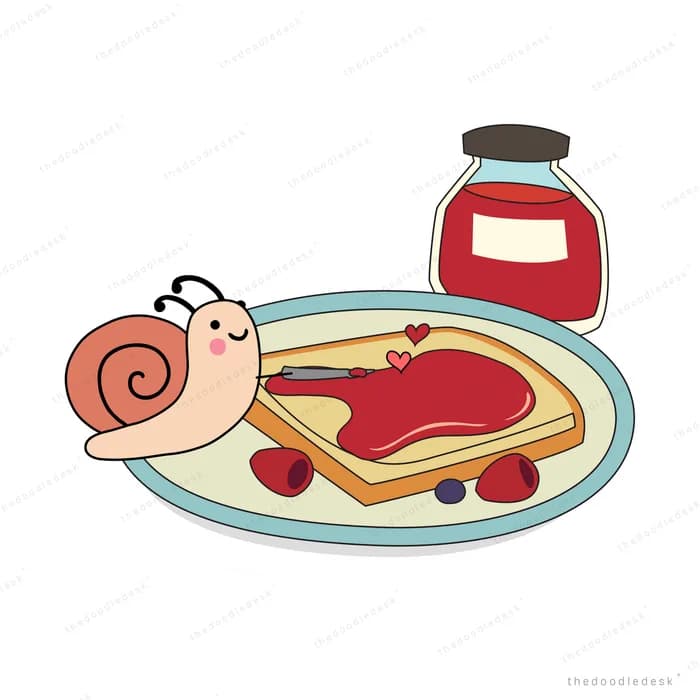 Snail on a plate of toast with jam