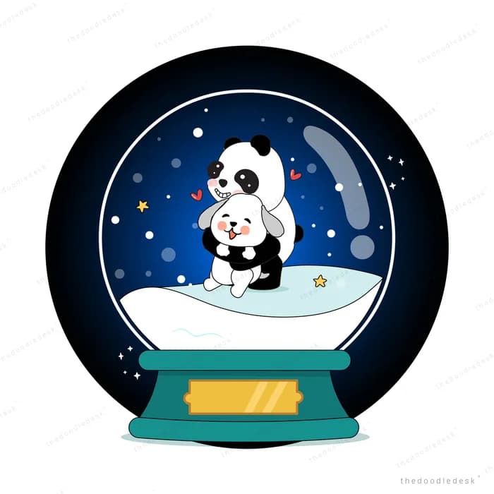 Pandas inside a snow globe