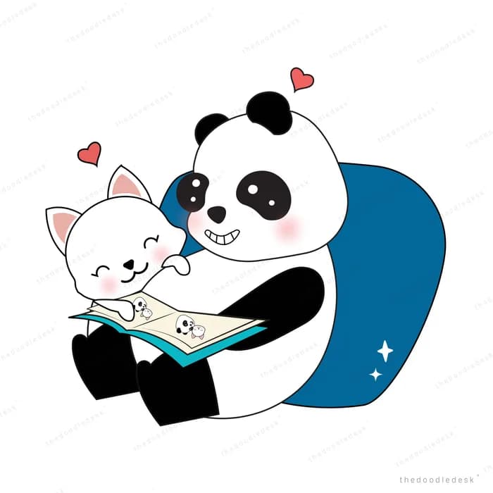 Panda and cat reading a book together on a cushion