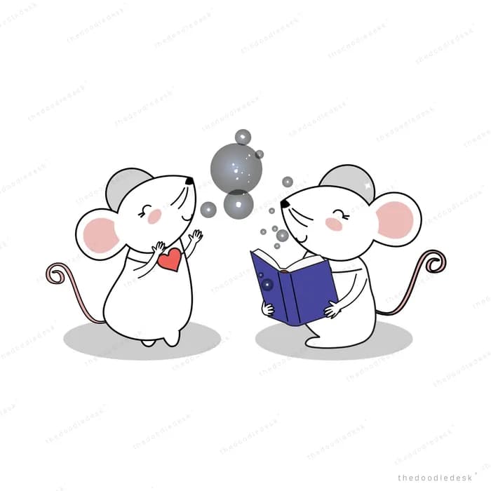 Two mice reading a book beside dark orbs