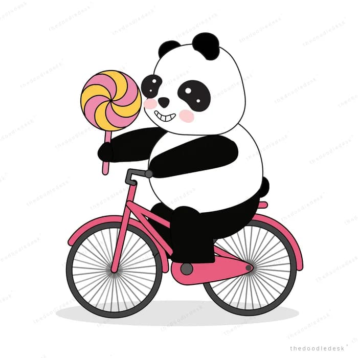 Panda riding a bicycle holding a lollipop