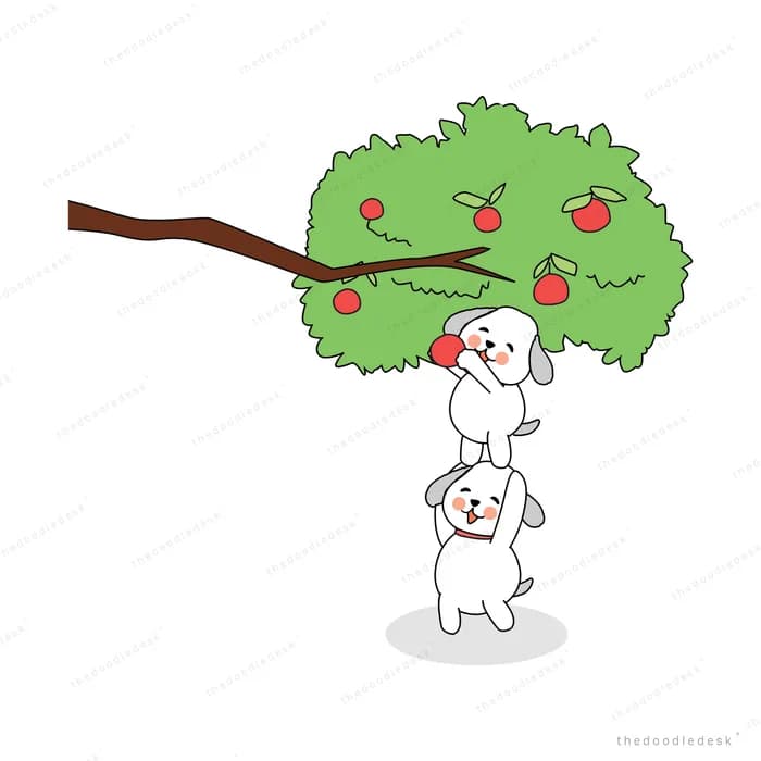 Cats climbing a fruiting apple tree branch