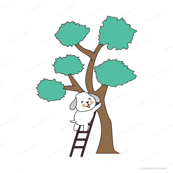 Rabbit climbing a ladder up a green tree