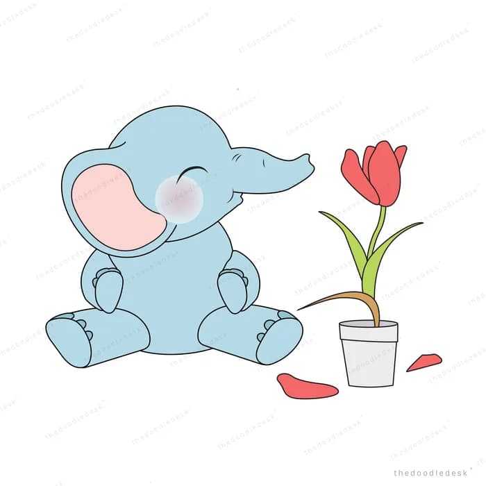 Elephant sitting beside a potted tulip