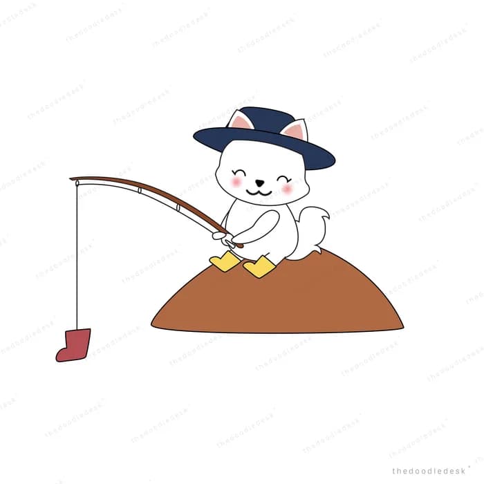 Rabbit in a hat fishing from a brown mound