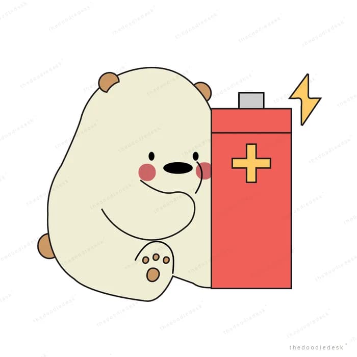 Bear leaning against a giant battery