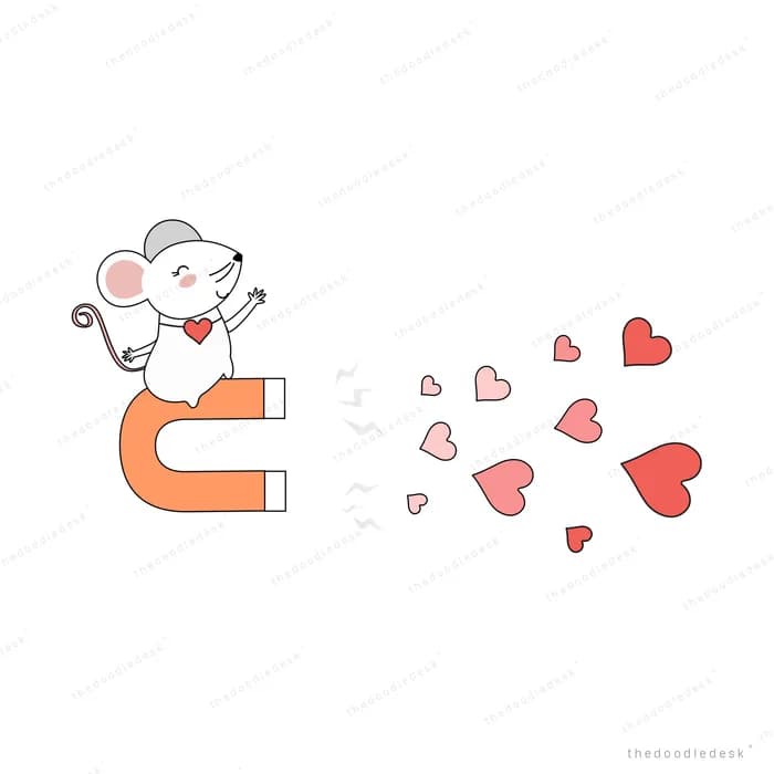 Mouse holding a magnet attracting many hearts