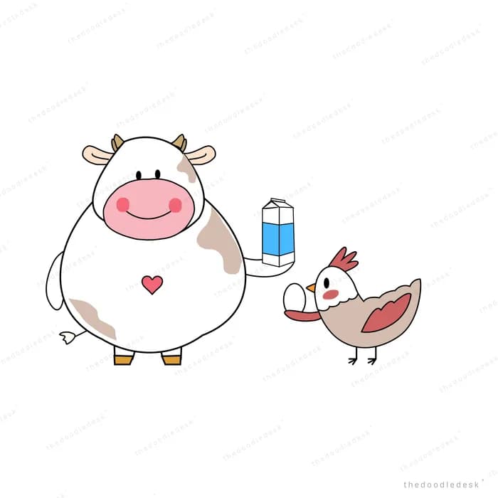 Cow with a milk bottle beside a chicken