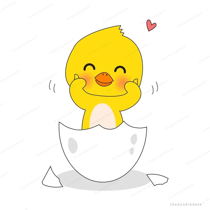 Chick standing in a broken eggshell with a heart