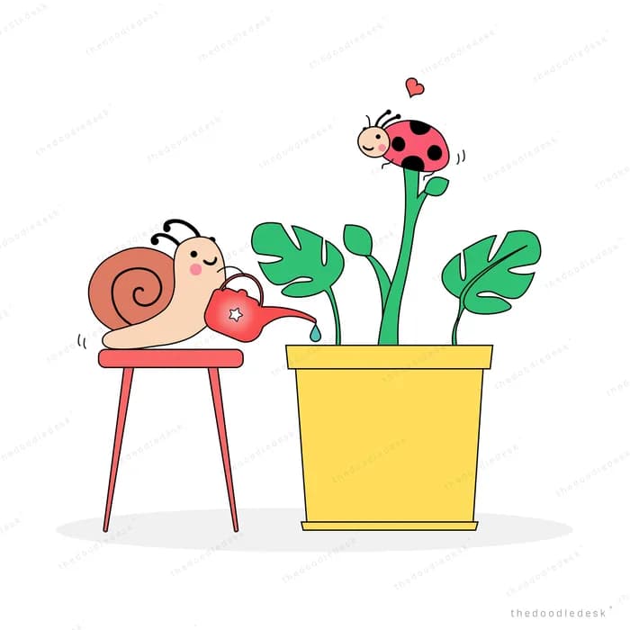 Snail on a red stool beside a potted plant