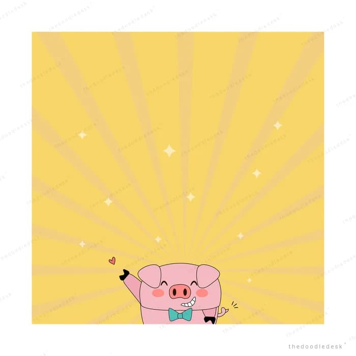 Pig in a bow tie against radiating yellow beams