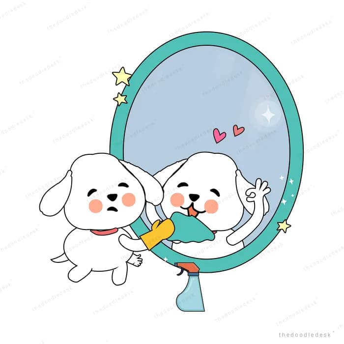 Dog looking at itself in an oval mirror