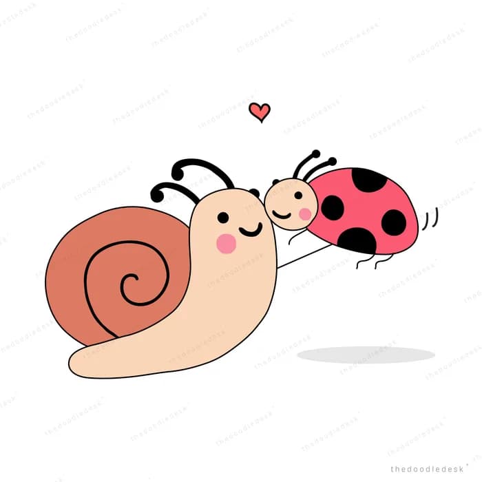 Snail and ladybug nuzzling with hearts