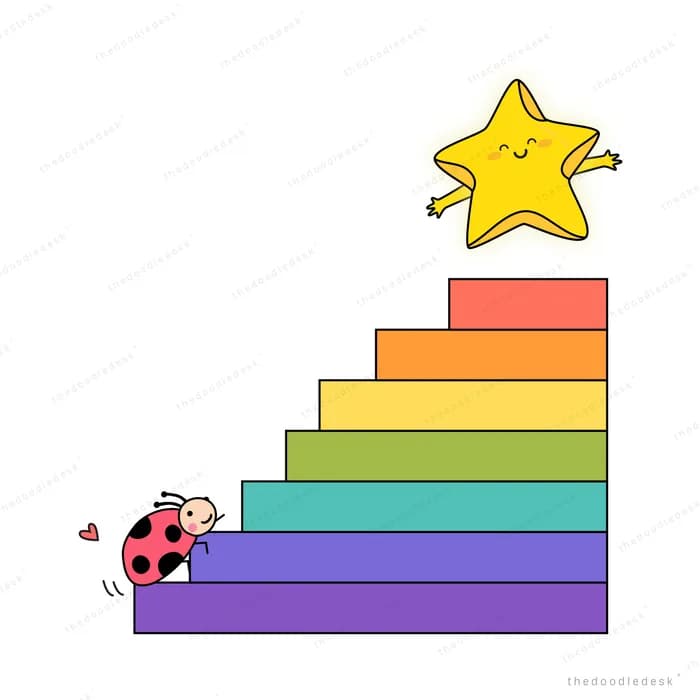 Ladybug climbing rainbow steps toward a star