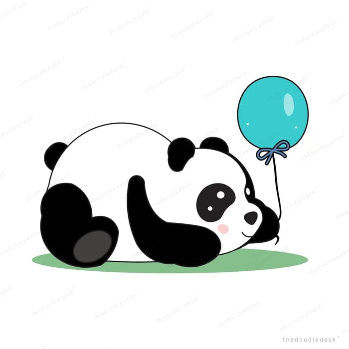 Panda lying on grass holding a balloon