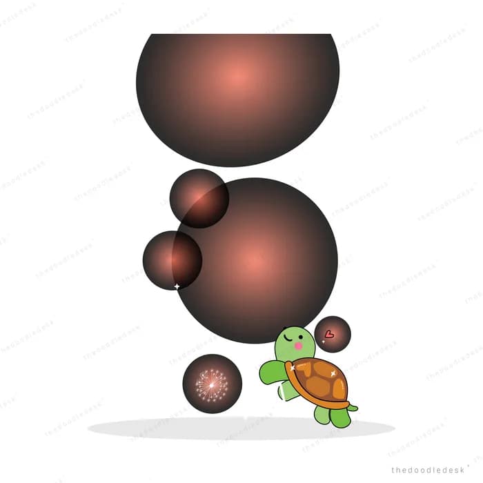 Turtle beneath a tall stack of dark spheres