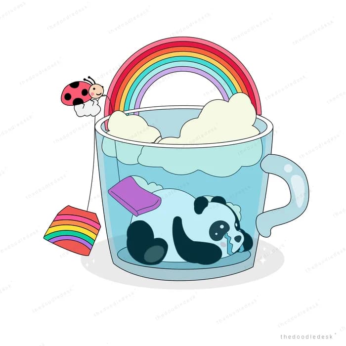 Panda inside a teal mug with a rainbow above