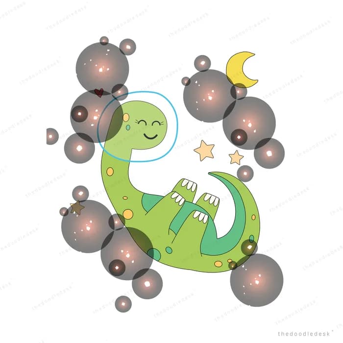 Green dinosaur floating among dark bubbles and stars